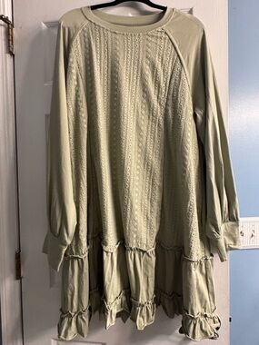 Light Sage Green Tiered Eyelet Long Sleeve Dress